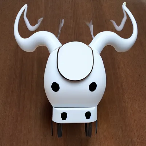 Prompt: a mechanical cow with big head and horns, minimalist style, metal, 3D art, in style of Baymax, smooth