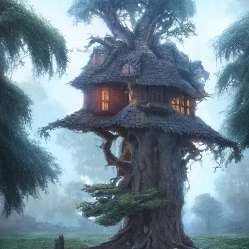 Prompt: a tree with a wide trunk a house in the center of the tree, planted in the middle of a city with high details, digital art, artstation, cinematografi, greg rutkowski