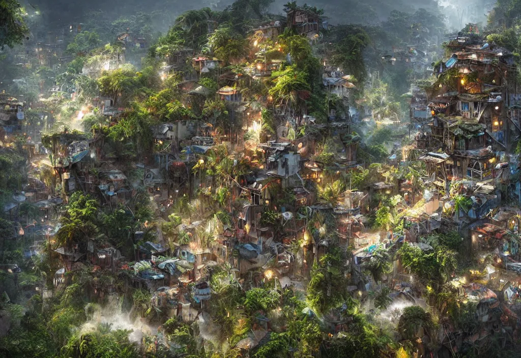 Image similar to photorealistic symetric favela rio in middle of jungle and mountains by ellen jewett, tomasz alen kopera and Justin Gerard