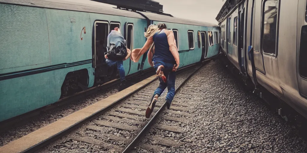 Image similar to person jumping into a train