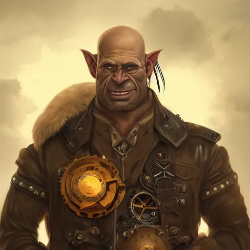 Image similar to portrait of a muscular, bald orc mechanic, wearing a heavy brown leather coat, wrench on hand, steampunk setting, gears, airship on the background, dramatic lighting, high detail, digital art by Rossdraws