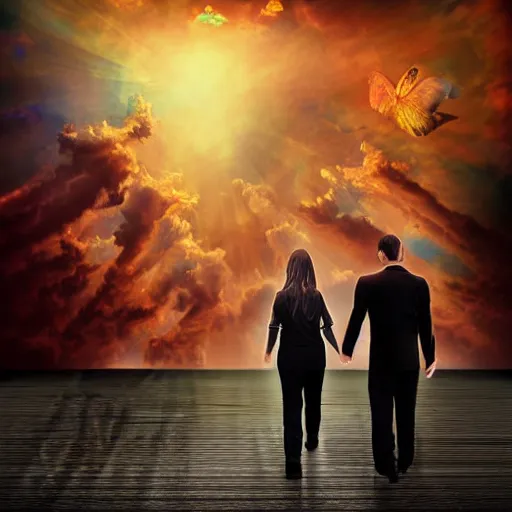 Image similar to couple walking hand in hand, in heaven and hell at the same time, surrealistic realistic digital art, detailed