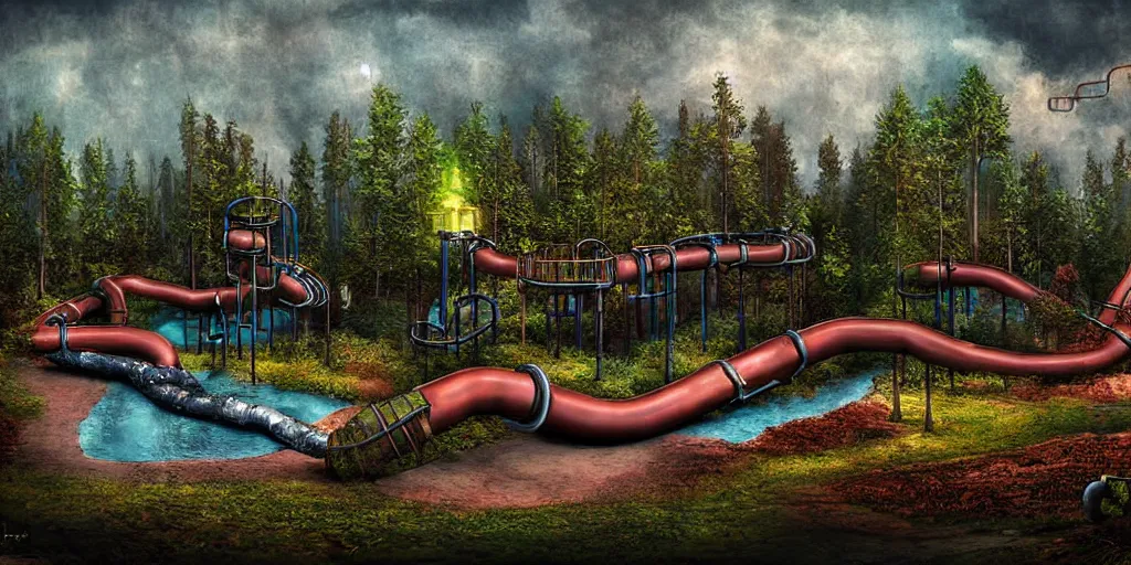 Image similar to pipe factory playground built on a forest lake, award winning art, epic dreamlike fantasy landscape, art print, science fiction, ultra realistic,