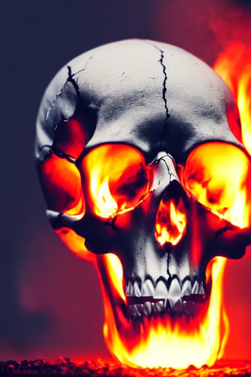 Image similar to photograph of a skull burning while being held up by a skeletal hand photorealistic, hyperdetailed, volumetric light, cinematic, f 8 aperture