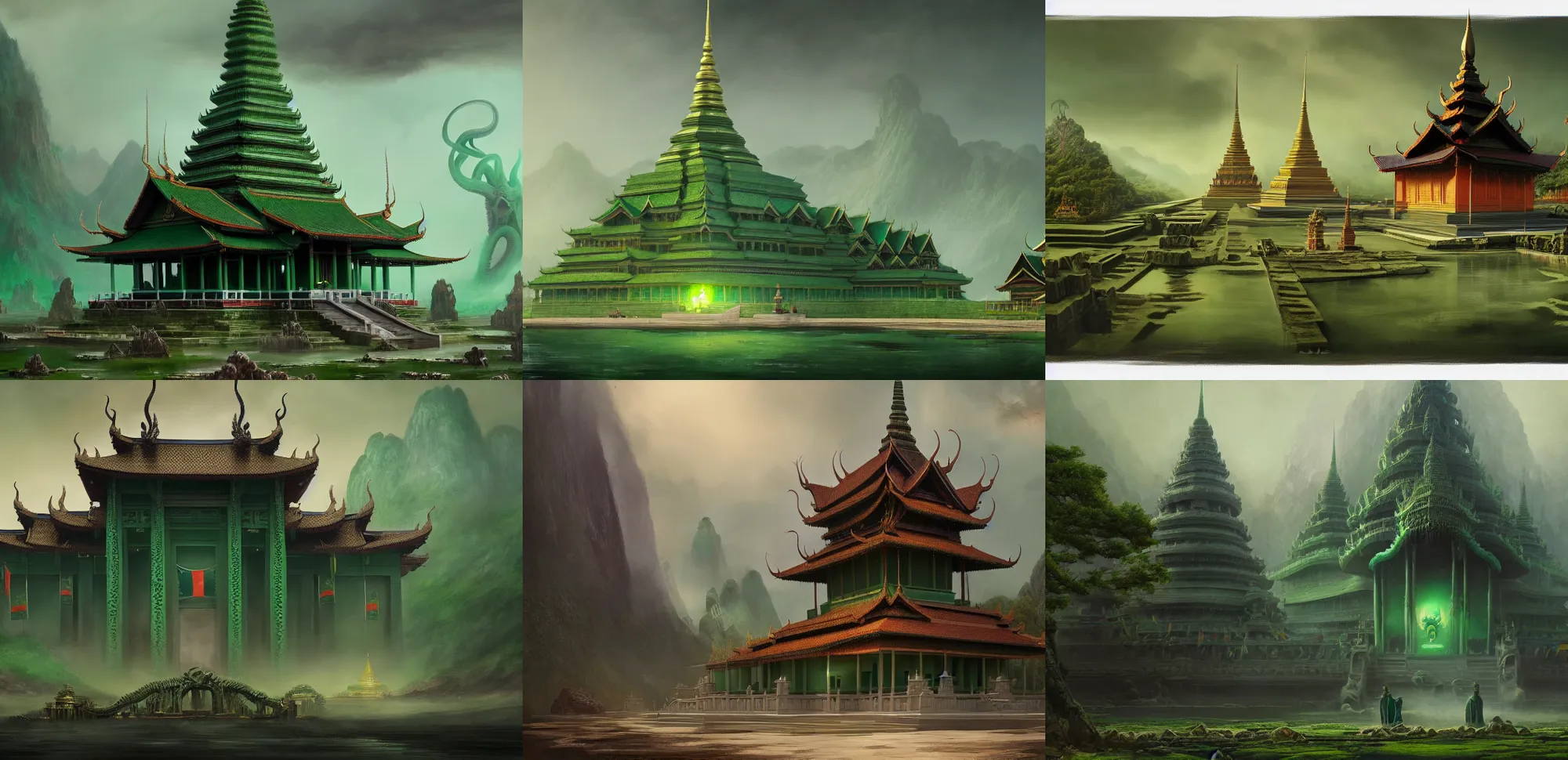 Prompt: Matte painting of an eldritch green buddhist temple with Thai flag and Cthulhu at the top by Greg Rutkowski, 4k, masterpiece, by Greg , Trending on Artstation