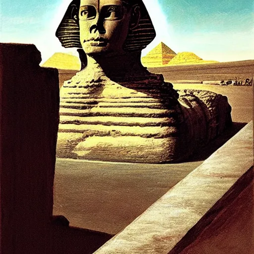 Image similar to the sphinx with the head of john cleese, young john cleese's head on the sphinx, painting by john martin