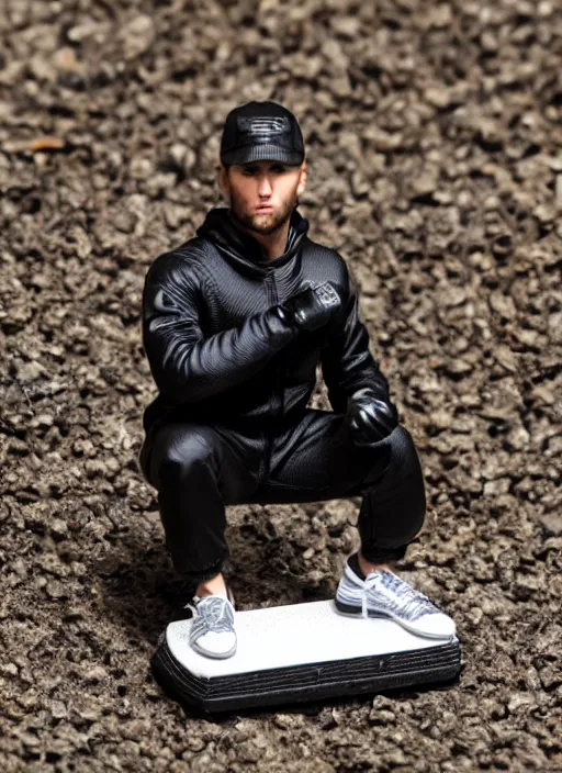 Image similar to 80mm resin detailed miniature of man squatting in black Adidas tracksuit, Product Introduction Photos, 4K, Full body,