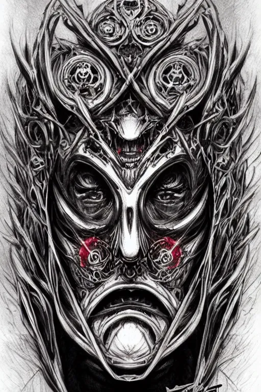 Image similar to Elden Ring and Star Wars themed painting of majestic crimson biomechanical satanic infernal demon human hybrid beautiful undead angel symmetrical angry mask closeup face angry mask closeup tattoo pattern golden ratio concept, Neo-Gothic concept, infinity glyph waves, intricate artwork masterpiece, very coherent artwork, cinematic, full frontal facial features by Artgerm, art by H.R. Giger, Takato Yamamoto, Zdizslaw Beksinski, Johnatan Wayshak, Moebius, Ayami Kojima, very anatomically coherent artwork, trending on cgsociety, ultra high quality model, production quality cinema model, high detail chromatic ink outline, octane render, unreal engine 8k, hyper realism, high detail, octane render, unreal engine, 8k, High contrast