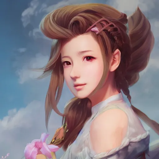 Prompt: head to toe shot of aerith gainsborough by WLOP, rossdraws, Logan Cure, Mingchen Shen, BangkuART, sakimichan, yan gisuka, JeonSeok Lee, zeronis, Chengwei Pan on artstation