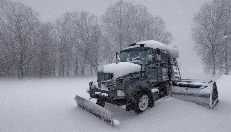 Image similar to snowplow covered by snow in beautiful winter landscape. fog, snowstorm, photorealistic rendering, octane, depth of field, blurry