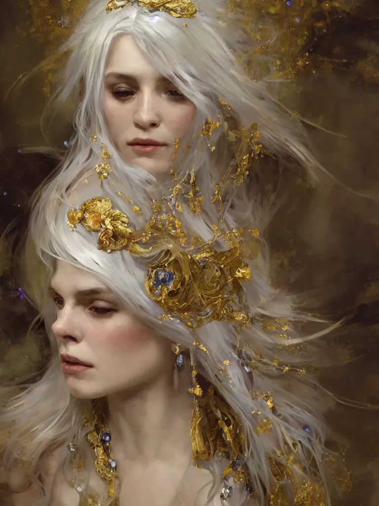 Image similar to a highly detailed beautiful white haired woman, adorned with precious stones and thin gold tendrils, by jeremy mann and alphonse mucha, 8 k resolution, trending on artstation, very very detailed, masterpiece, stunning, intricate,