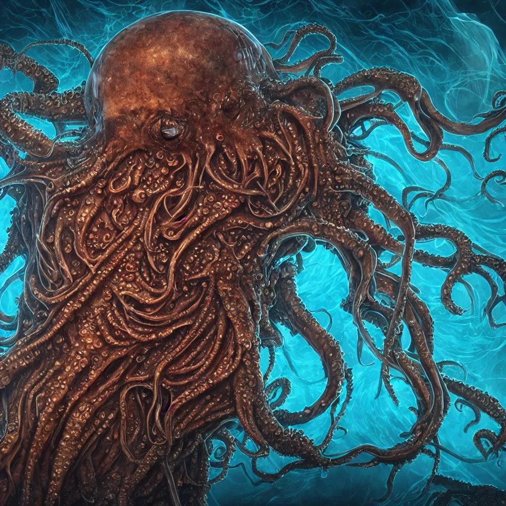 Image similar to close-up macro portrait of a Cthulhu and other fantastical sea creatures, epic angle and pose, ribcage bones symmetrical artwork, 3d with depth of field, blurred background, cybernetic jellyfish female face skull phoenix bird, translucent, nautilus, energy flows of water and fire. a highly detailed epic cinematic concept art CG render. made in Maya, Blender and Photoshop, octane render, excellent composition, cinematic dystopian brutalist atmosphere, dynamic dramatic cinematic lighting, aesthetic, very inspirational, arthouse. Greg Rutkowski, Ilya Kuvshinov, WLOP, Stanley Artgerm Lau, Ruan Jia and Fenghua Zhong