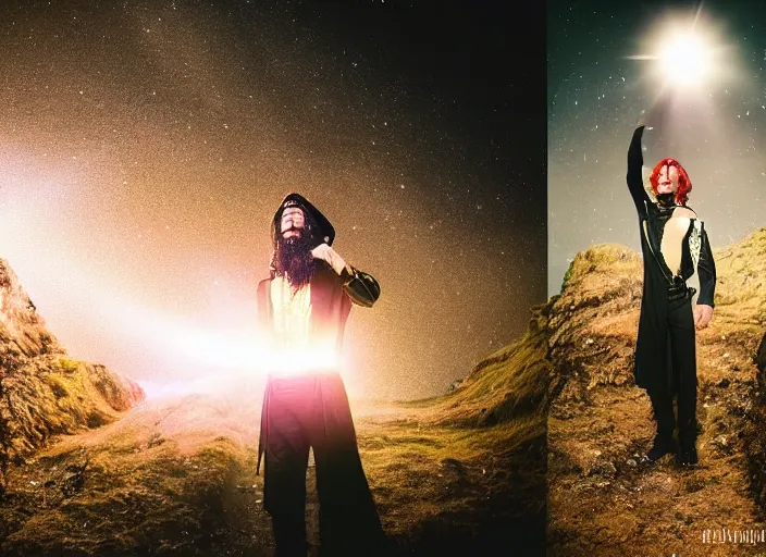 Image similar to a very very good looking detailed fantasy sorcerer wearing amazing clothes ejects a blast of magic energy from their hands!! dramatically on an empty moonlit hill, dramatic lighting, lens flare, 3 5 mm full frame professional photography, kodak ektar