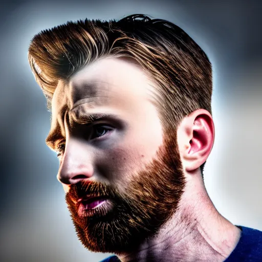 Image similar to Photo of Chris Evans, close-up, high detail, studio, ominous background, smoke, 85mm Sigma Art Lens