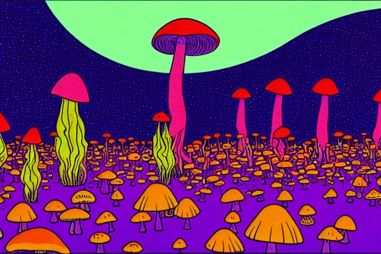 Image similar to a psychedelic illustration of a field of mushrooms, flat colors, limited palette in FANTASTIC PLANET La planète sauvage animation by René Laloux