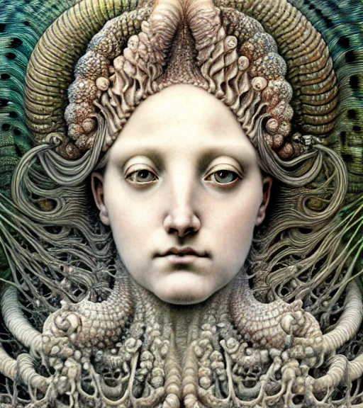 Prompt: detailed realistic beautiful whelk goddess face portrait by jean delville, gustave dore, iris van herpen and marco mazzoni, art forms of nature by ernst haeckel, art nouveau, symbolist, visionary, gothic, neo - gothic, pre - raphaelite, fractal lace, intricate alien botanicals, ai biodiversity, surreality, hyperdetailed ultrasharp octane render