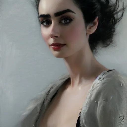 Image similar to detailed realistic cinematic wide shot of beautiful attractive lilly collins woman wearing black bath robe slim face symettrical face clean skin black eyes black robe smooth, sharp focus, ultra realistic, spring light, painting by gaston bussiere, craig mullins, j. c. leyendecker