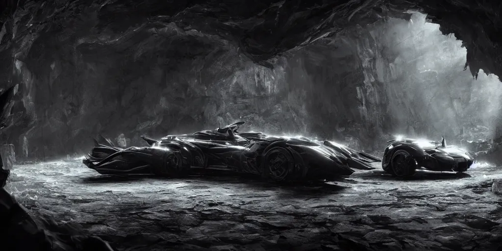 Image similar to the batmobile standing in a very dark and wet cave. highly detailed. intricate. mist. atmospheric. unreal engine render. rim light. photorealistic. 8 k. monochrome. cinematic. matte painting in the style of sparth and ash thorp. trending on artstation.