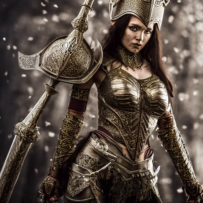 Image similar to full length photo of a very beautiful!! elf warrior queen with ornate armour, highly detailed, 4 k, hdr, smooth, sharp focus, high resolution, award - winning photo