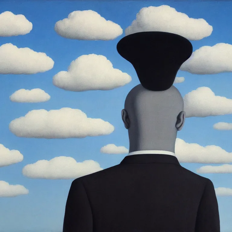 Image similar to portrait of a faceless shadow - head man in a suit, clouds in the background, by rene magritte, detailed painting, distance, middle centered, hd, hq, high resolution, high detail, 4 k, 8 k