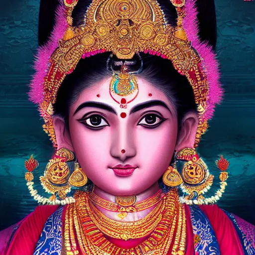 Image similar to a portrait of a kumari goddess, highly detailed, cinematic lighting, hyperrealistic, 4 k, digital art