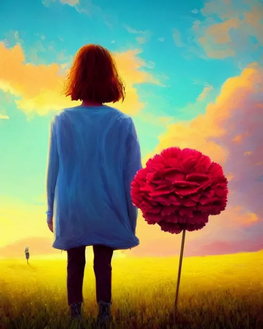 Image similar to girl with a giant carnation as face, surreal photography, flower field, sunset dramatic light, impressionist painting, colorful clouds, blue sky, digital painting, artstation, simon stalenhag