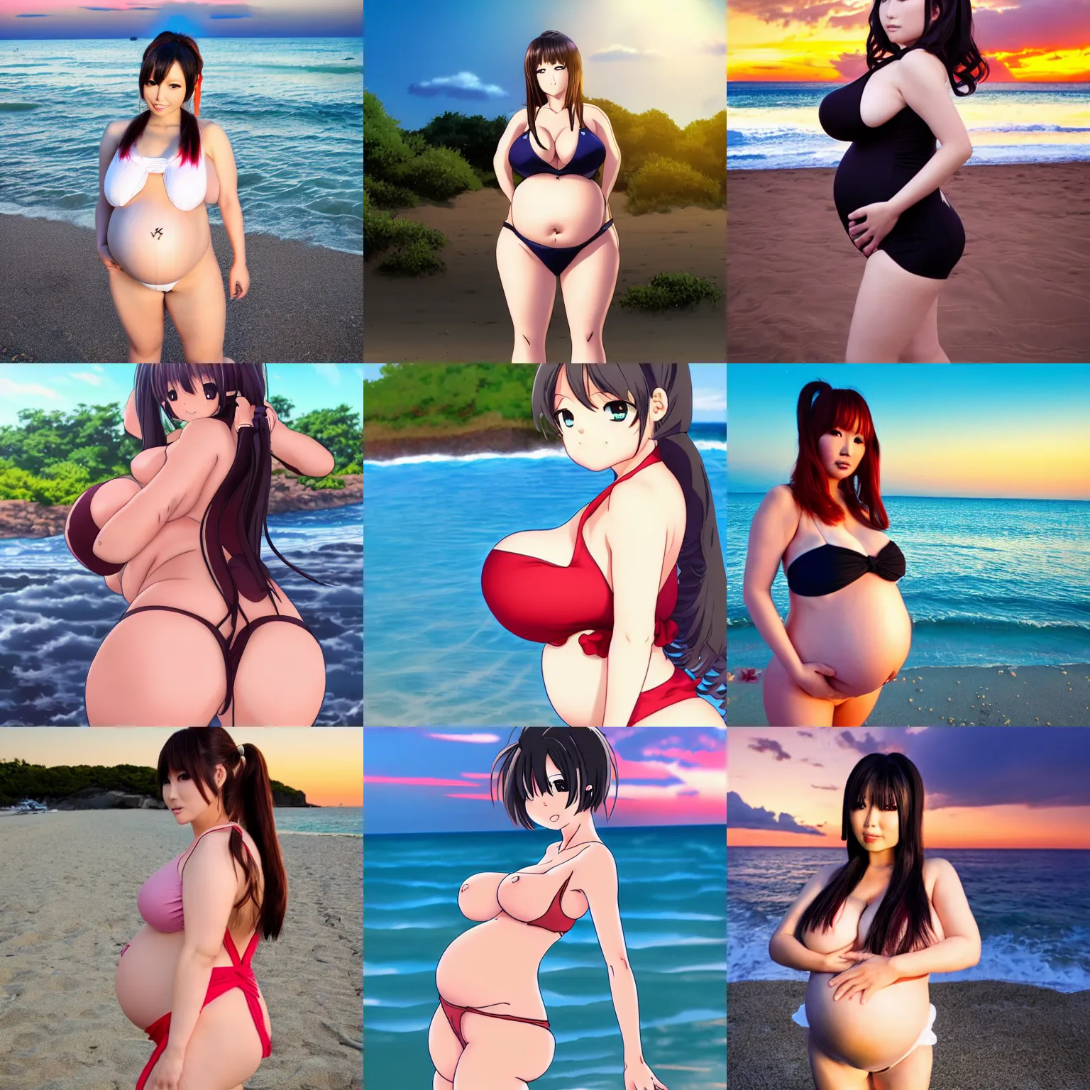 Prompt: hitomi tanaka with biggest pregnancy ever, hair in pigtails, swimsuit at the beach at sunset, standing sideways, full body view, anime key visual