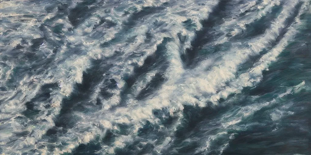 Prompt: tsunami crashing over Manhattan, aerial view, realist painting