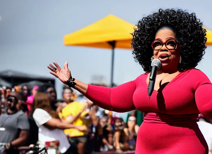 Image similar to photo still of oprah winfrey on stage at the vans warped tour 2 0 1 8!!!!!!!! at age 3 6 years old 3 6 years of age!!!!!!!! tossing bags of money into the crowd, 8 k, 8 5 mm f 1. 8, studio lighting, rim light, right side key light