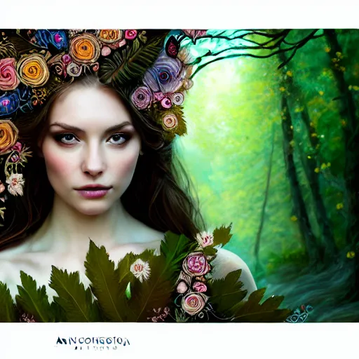 Image similar to a picture of a beautiful woman clothed in flowers and leaves standing in an enchanted forest, high fantasy, elegant, epic, detailed, intricate, digital painting, concept art, realistic detailed face, smooth, focus, rim light, detailed 8 5 mm f / 1. 4, anamorphic lens,