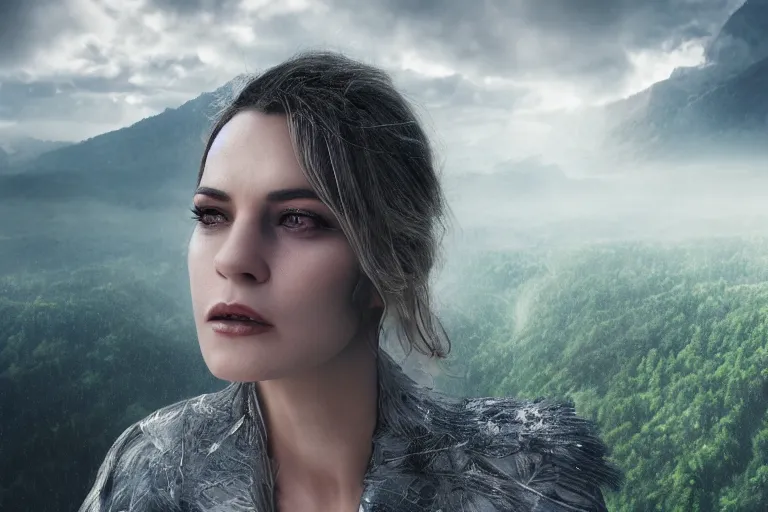 Image similar to a cinematic headshot portrait of a beautiful middle aged woman wearing futuristic white suit on the top of a mountain, overlooking a vast serene forest, large diffused light, neon light, 4 k, ultra realistic, dramatic lighting, rain, clouds, fog, vogue, fashion, glamour, magazine spread, by marco mazzoni and jessica rossier