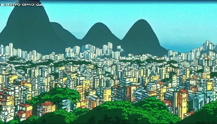 Image similar to 1 9 8 6 movie screencap of rio de janeiro, studio ghibli sky, beautiful favela background extremely utra high quality artwork 8 k