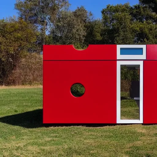 Prompt: a red box on 4 circles with glass squares, 4 doors, and a removable roof