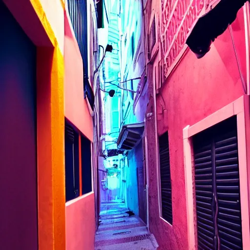 Prompt: a dreamy alley in monaco with chill and neon colour gradiant, 8 0 s colour scheme, cyberpunk