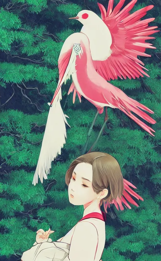 Prompt: by kuvshinov ilya, artstation, concept art, girl next to a japanese crane bird in japanese pines, trading card front, kimono, realistic anatomy, sun in the background