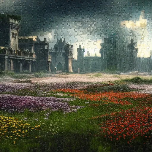 Prompt: puzzle pieces fall from the sky at a field of flowers. darksouls concept art 8k.