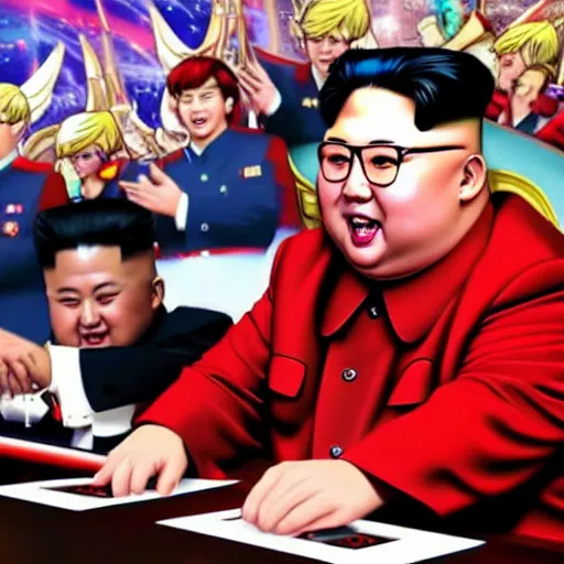 Image similar to kim jong un playing yugioh card game against donald trump, 4 k, lighthearted