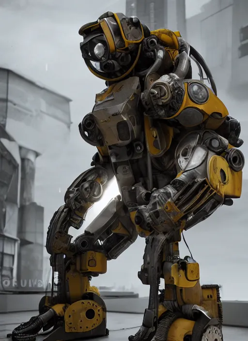 Image similar to a photorealistic dramatic hyperrealistic render of a futuristic exosuit power loader heavy machinery, ultra realistic details, glossy yellow, well worn, rust, oil stains by vitaly bulgarov and mike nash, beautiful dramatic dark moody tones and lighting, cinematic atmosphere, studio lighting, global illumination, shadows, dark background, octane render, 8 k