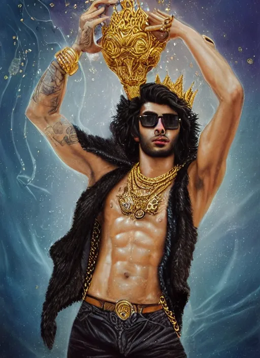 Prompt: muscular Atlantian king Zayn Malik wearing black sunglasses and a bejeweled gold heavy crown on his head while shirtless and wearing a heavy gold chain with a giant sparkling blue diamond around his neck, blue diamonds, a white falcon on his shoulders, steelpunk, ghibli studio, nekro, Tom Bagshaw, Craig Mullins, octane 8k, by brian froud, Trending on ArtStation