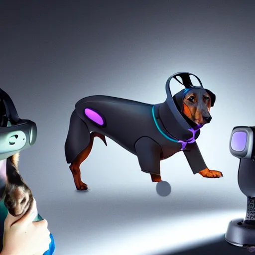 Image similar to dachshund dog wearing vr headset and htc vive trackers recording motion capture, artstation, eerie lighting, cyberpunk