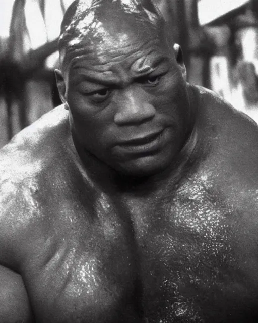 Prompt: film still close - up shot of dwayne johnson as john coffey petting a mouse in the movie the green mile. photographic, photography