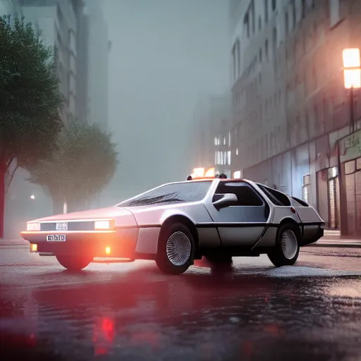 Image similar to hyperdetailed, photorealistic photograph of a dmc 1 2 delorean driving in the streets, rain, night, dense fog, hd, unreal engine 5