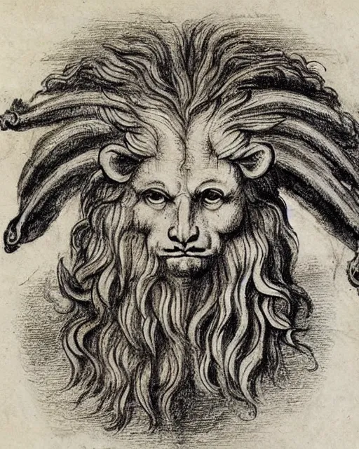 Prompt: a creature with four faces in one, human face, eagle beak, lion mane, two horns on the head, drawn by da vinci. symmetrical