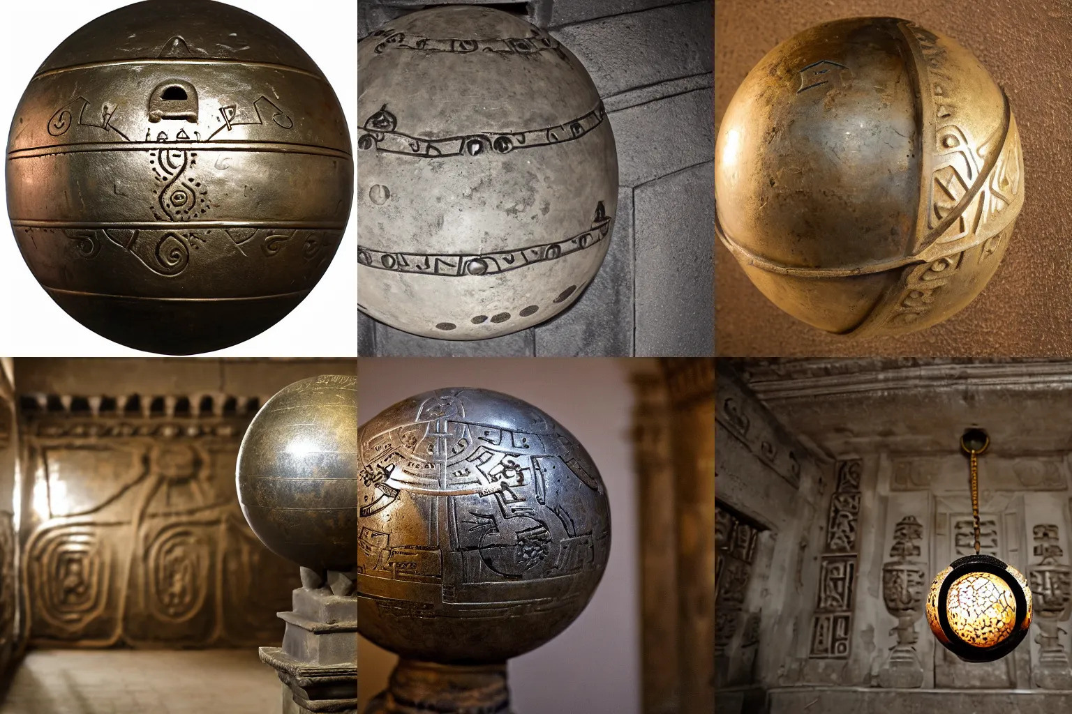 Prompt: an iron ball with weird symbols engraved on it, the ball is on a pedestal in a midle of an antic temple, the light enter the room by a hall in the ceiling