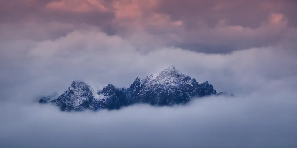 Prompt: a mountain floats in the clouds and shines brightly