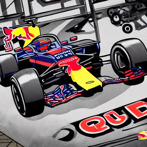 Image similar to illustration of red - bull - mechanic working, formula 1, paddock, style by kienan lafferty knkl