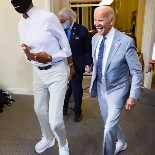 Prompt: joe biden in full off white wearing yeezys