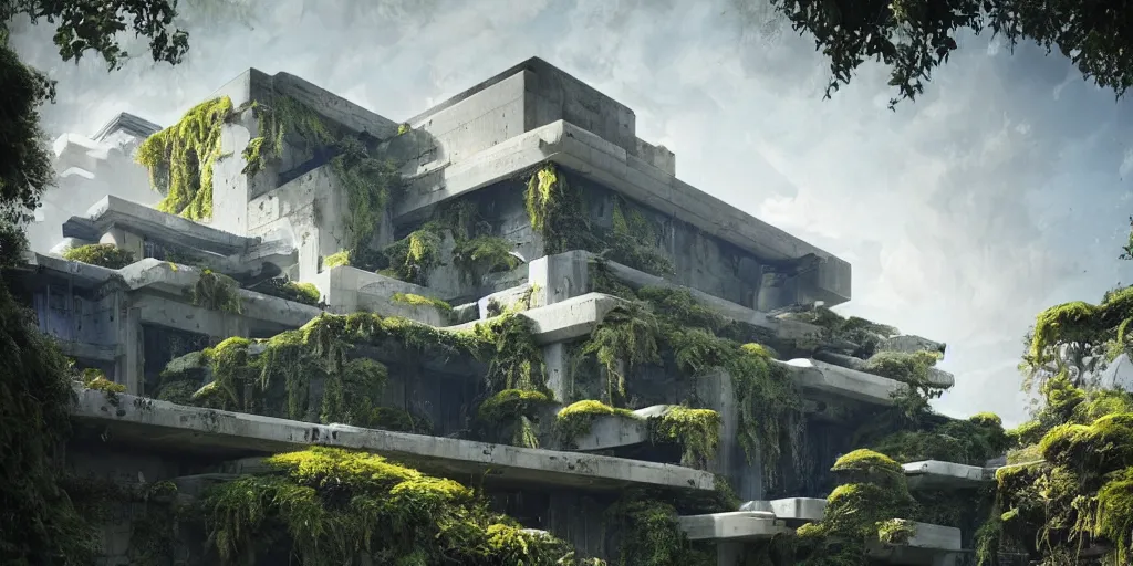Prompt: concrete architecture with moss and ivy growing all over, futuristic, late afternoon light, dramatic clouds in a blue sky, by frank lloyd wright and greg rutkowski and ruan jia