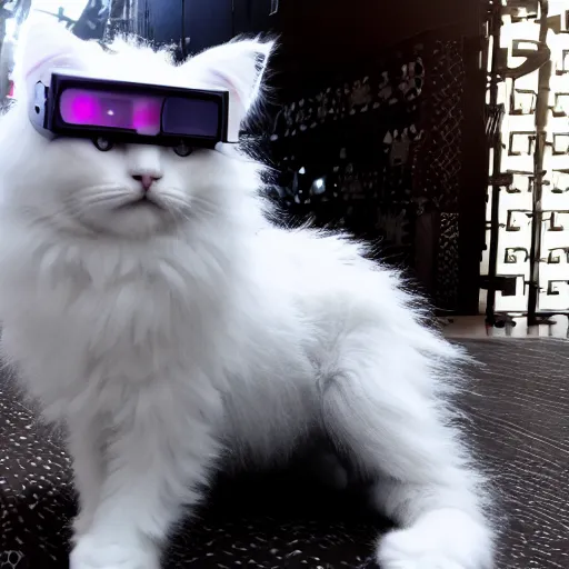 Image similar to a white fluffy cat dressed in cyberpunk aesthetics. 4k high quality exquisite.