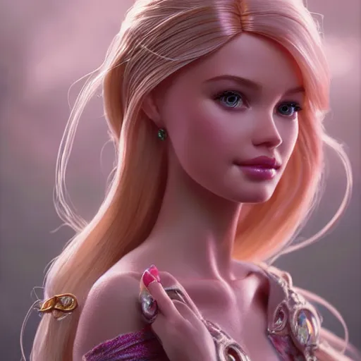 Image similar to a beautiful portrait of barbie ; ultra realistic, concept art, intricate details, stunning model, highly detailed, photorealistic, octane render, 8 k, unreal engine. art by artgerm and greg rutkowski and charlie bowater and magali villeneuve and alphonse mucha